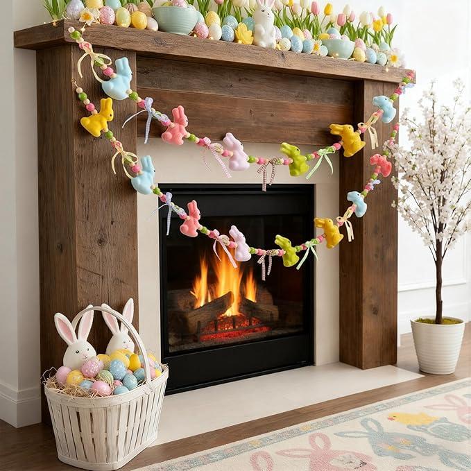 Easter Bunny Garland Banner with Wood Beads for Easter Decor, Rustic Rabbits Hanging Garland for Mantle Fireplace Shelf Wall Display Spring Home Decor, Shamrock Garland for St. Patrick's Day Luck Of The Irish Green Decor, Indoor Party Supplies & Gifts