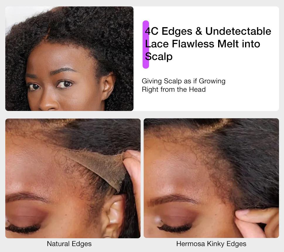 4C Kinky Edge Hairline Afro Kinky Curly Wigs Pre Cut 8x5 HD Lace Human Hair Glueless Wig Pre Bleached 4C Hairline Looks Like It Grows Out of Your Scalp ##TikTokShopBlackFriday