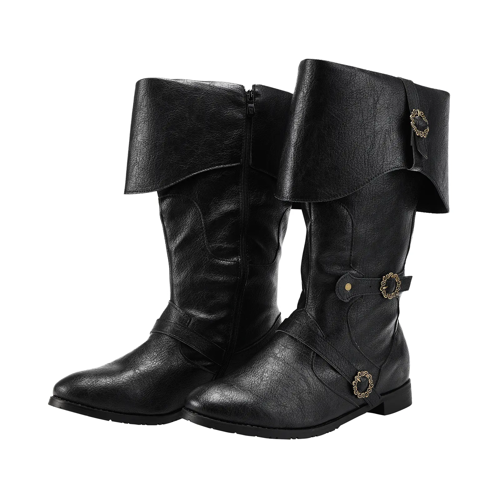 Zotixvox Men's Mid-Calf Gothic Boots - Black Synthetic PU Leather Viking Medieval Cuban Shoes with Plain Round Toe, Zipper, Buttons, Anti-Slip Rubber Sole, All-Season Closed Statement Shoes for Cosplay, Dances, Footwear, Alternative Style, Men's Wear, Ret