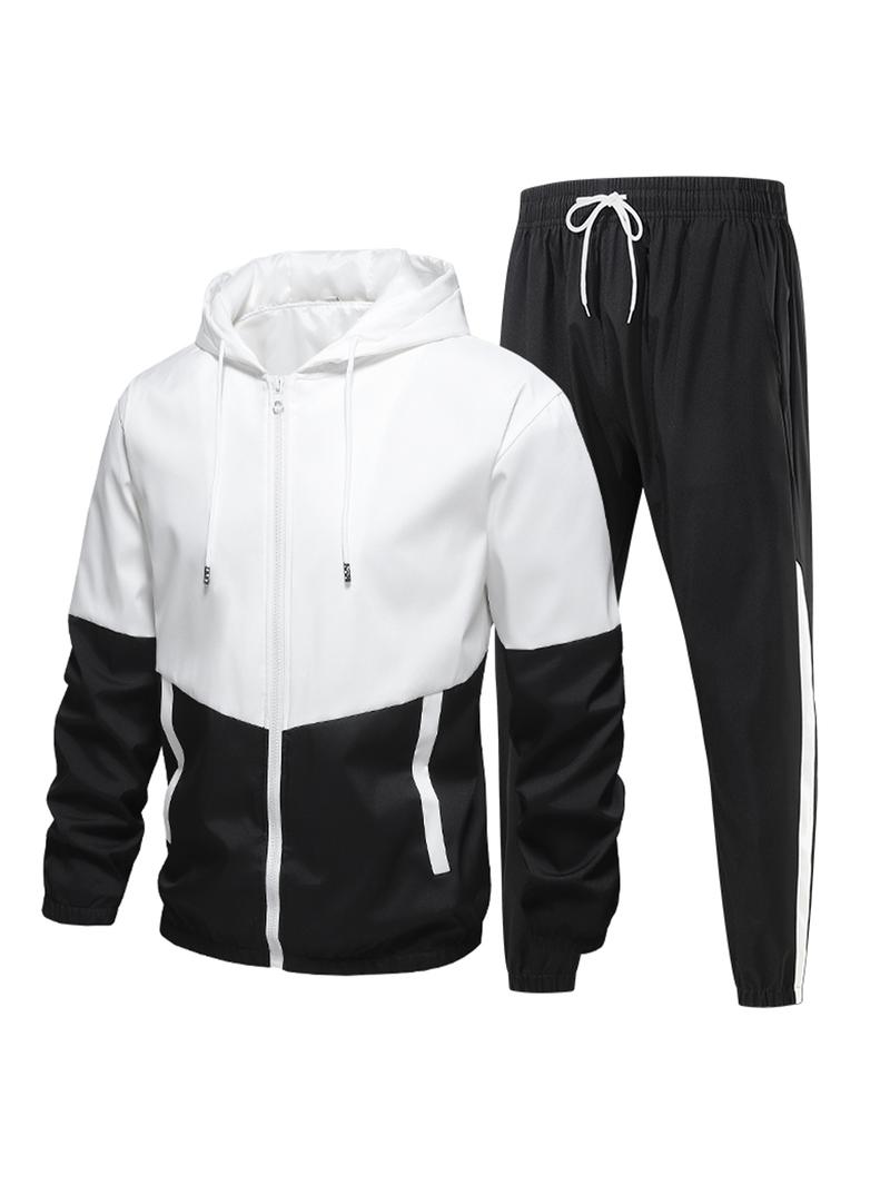 A sports and street photography two-use color-blocked hoodie jacket set, side white stripe slimming pants, trendy, versatile, comfortable, and breathable.