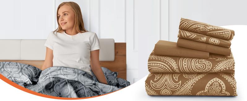 LUX DECOR 6-Pc Paisley & Solid Embroidered Bed Set- King Bed Sheet & Pillowcases - Upto 16" Deep Pocket Hotel Luxury Cozy Polyester Queen Sheets- Decorative Bedsheet Sets-Breathable Durable Sheets