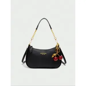 New Fashion Classic PU Waterproof Shoulder Bag, Elegant Commuter Bag, Cherry Charm, Printed Design, Metal Chain Decor, Women's Handbag for Shopping, Commuting, Travel