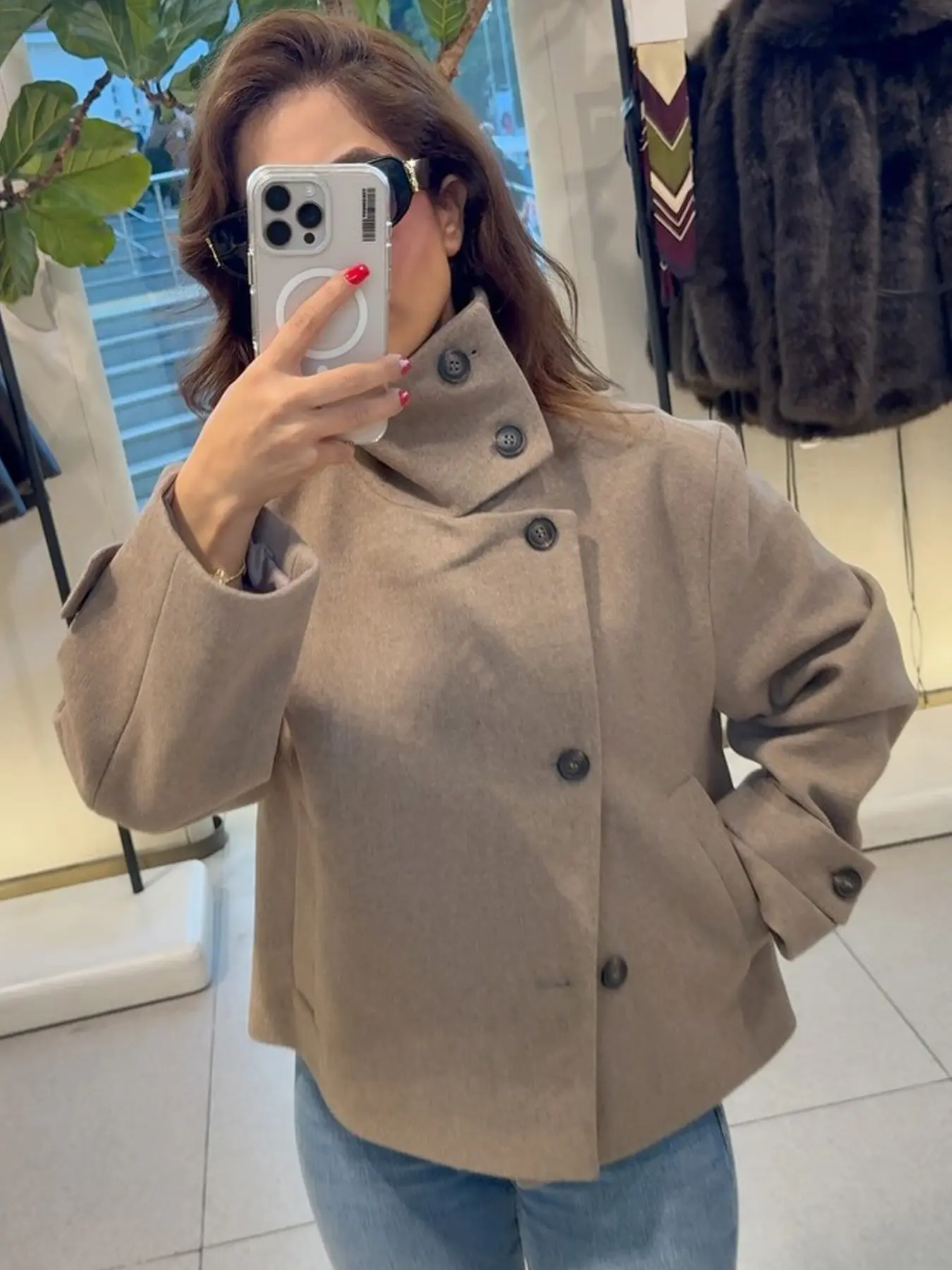 Cropped Jacket Women's Jacket Oversized Brown Coat Asymmetric Button Stand Collar Long Sleeve Jacket Soft Cozy Warm Fabric Jacket Office Wear Outerwears