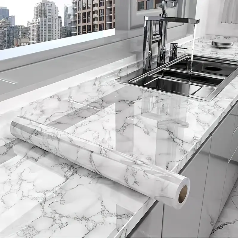 One roll[23.62*393.70 in]Marble tabletop kitchen waterproof and anti oil smoke sticker, kitchen stove top surface facial mask, furniture protection