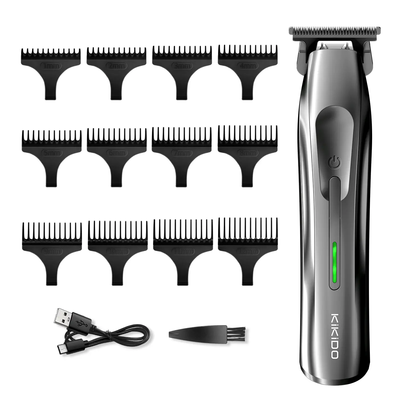 KiKiDO Men’s Cordless USB Rechargeable Hair Clipper Trimmer Kit with Rechargeable Battery, LED Power Light, 12 Length Guards, and Brush - Professional Personal Care Appliance