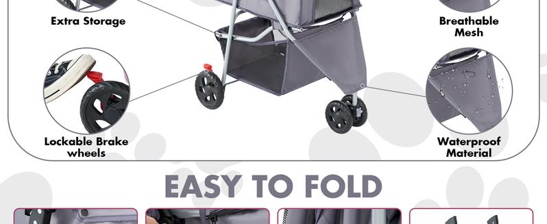 3 Wheels Pet Stroller Dog Jogging with Breathable Mesh Window, Large Storage Basket, Cup Holder, Blue