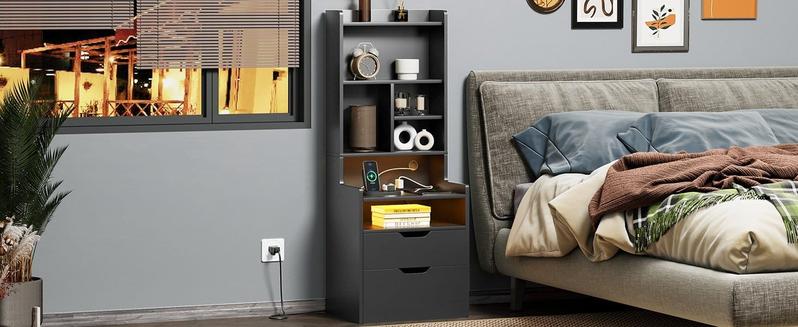 Sikaic LED Tall Nightstand with Bookshelf Charging Station Modern Bedside Table with 2 Storage Drawers and Open Storage Space