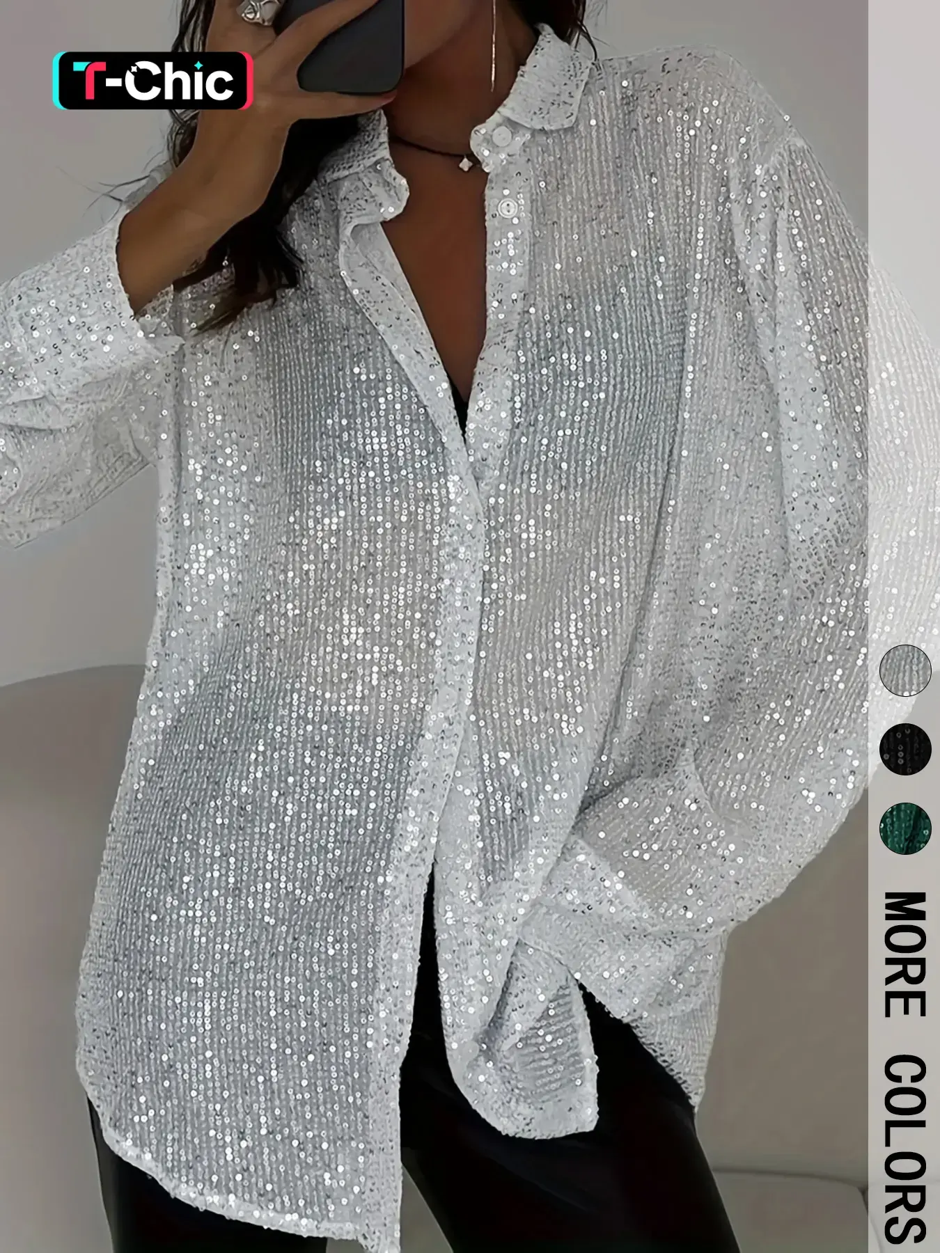 Women's Sequined Sheer Long Sleeve Button Shirt, Elegant Blouse for Evening Parties & Daily Wear, Stylish Women's Clothing, Womenswear