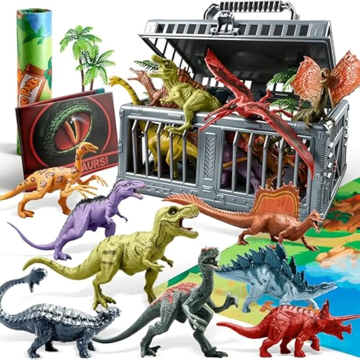 Dinosaur Toys for Kids 3-5, 17 PCS Realistic Dinosaur Figures with Activity Play Mat & Storage Cage, Ideal Kids Toys for 3 Year Old Boys, Animals Toy for Boys Birthday Gifts