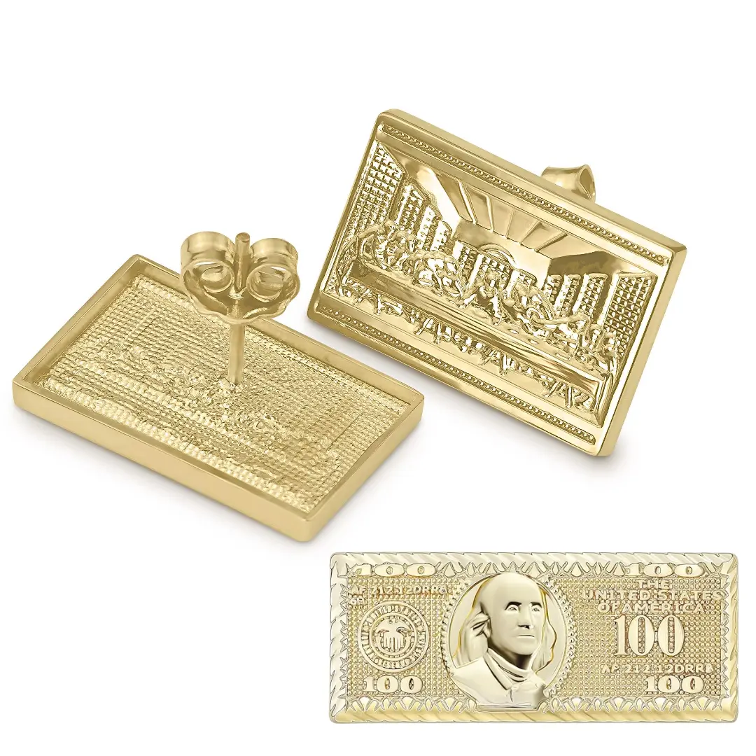 Last Supper Earrings 100 Dollar Bill Stud Earrings Money Earrings 14k Gold Plated