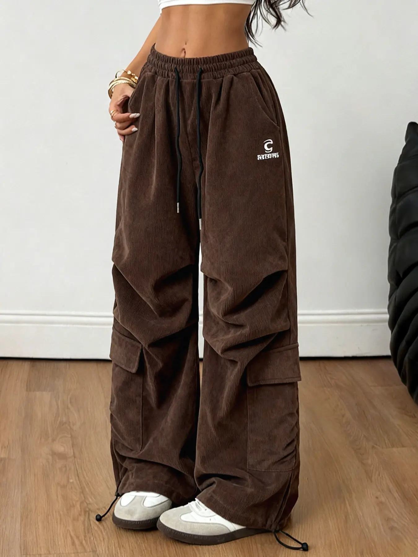 Viral Brown Corduroy Cargo Pants! Casual Fashion Pants, Baggy Wide-Leg Fit, Adjustable Drawstrings & Utility Pockets – Y2K Streetwear Aesthetic for Skater & Grunge Outfits. TikTok Trendy Cozy Soft Graphic Trousers!