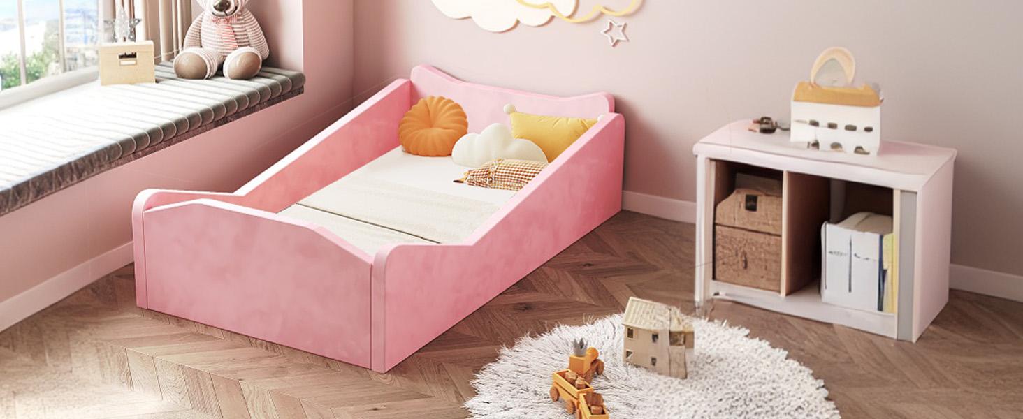 JOYMOR Toddler Bed, Floor Bed with Safety Guadrail, Montessori Toddler Bed with Animal Ear Shapes, Soft Velvet Wood Bed for Infant, Kids, Mattress not Included