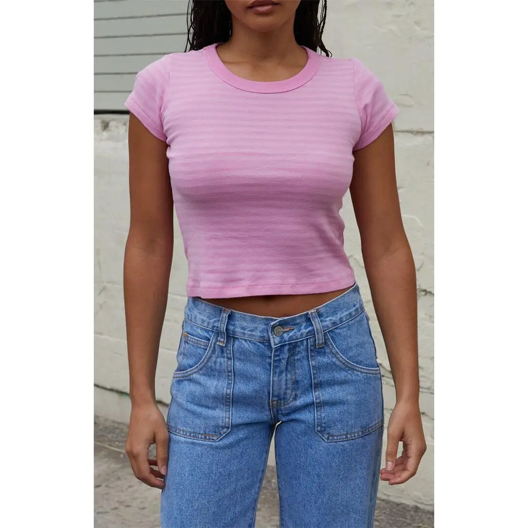 John Galt Women's Pink Striped Ashlyn Cropped T-Shirt
