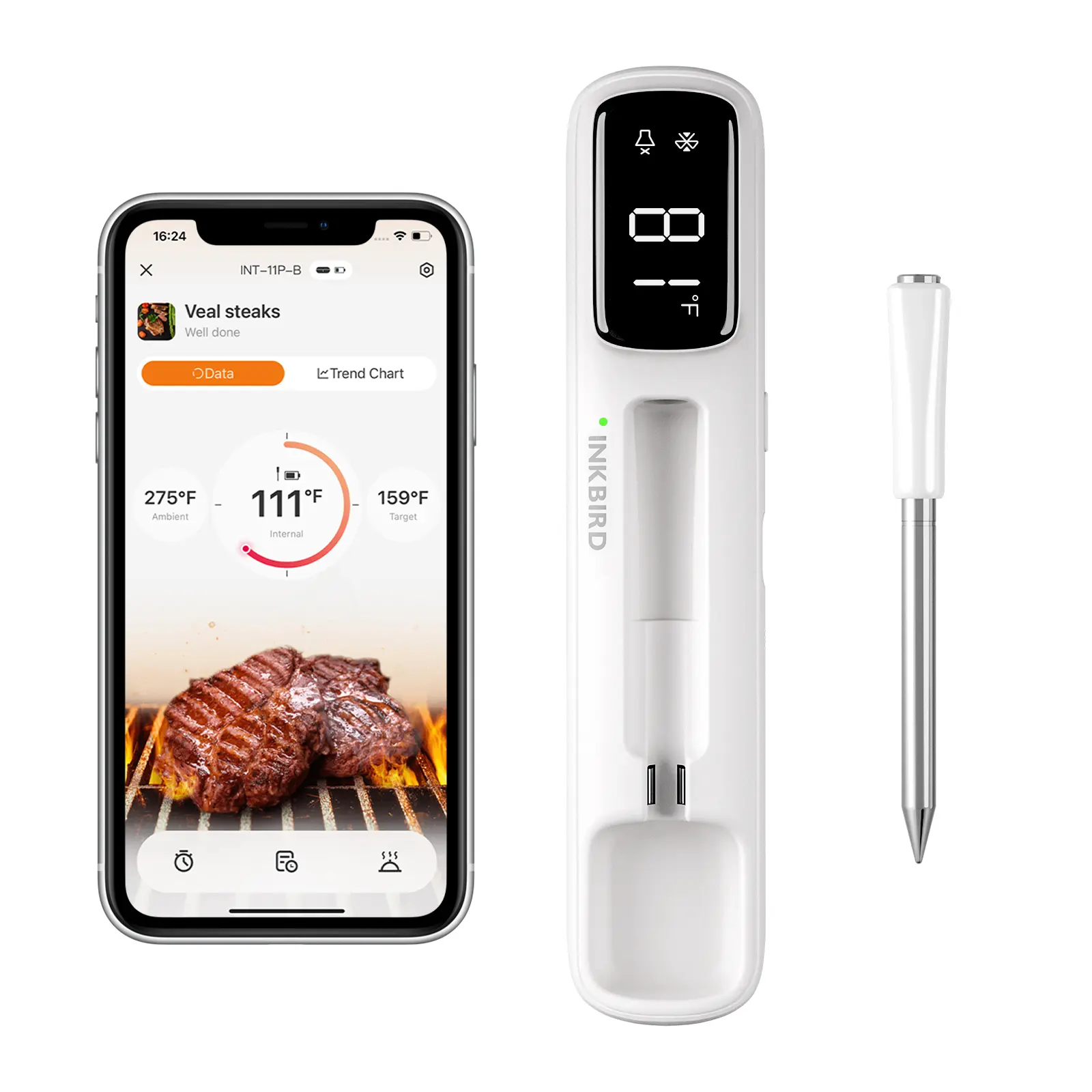 INKBIRD Wireless Bluetooth BBQ Meat Thermometer - Portable Compact Waterproof Kitchen Gadgets, Digital Temperature Thermometer with Stainless Steel Probe, LED Display, 1000ft/305m Range, 25min Timer, 500mAh Battery, Dishwasher Safe for Grilling Cooking, M