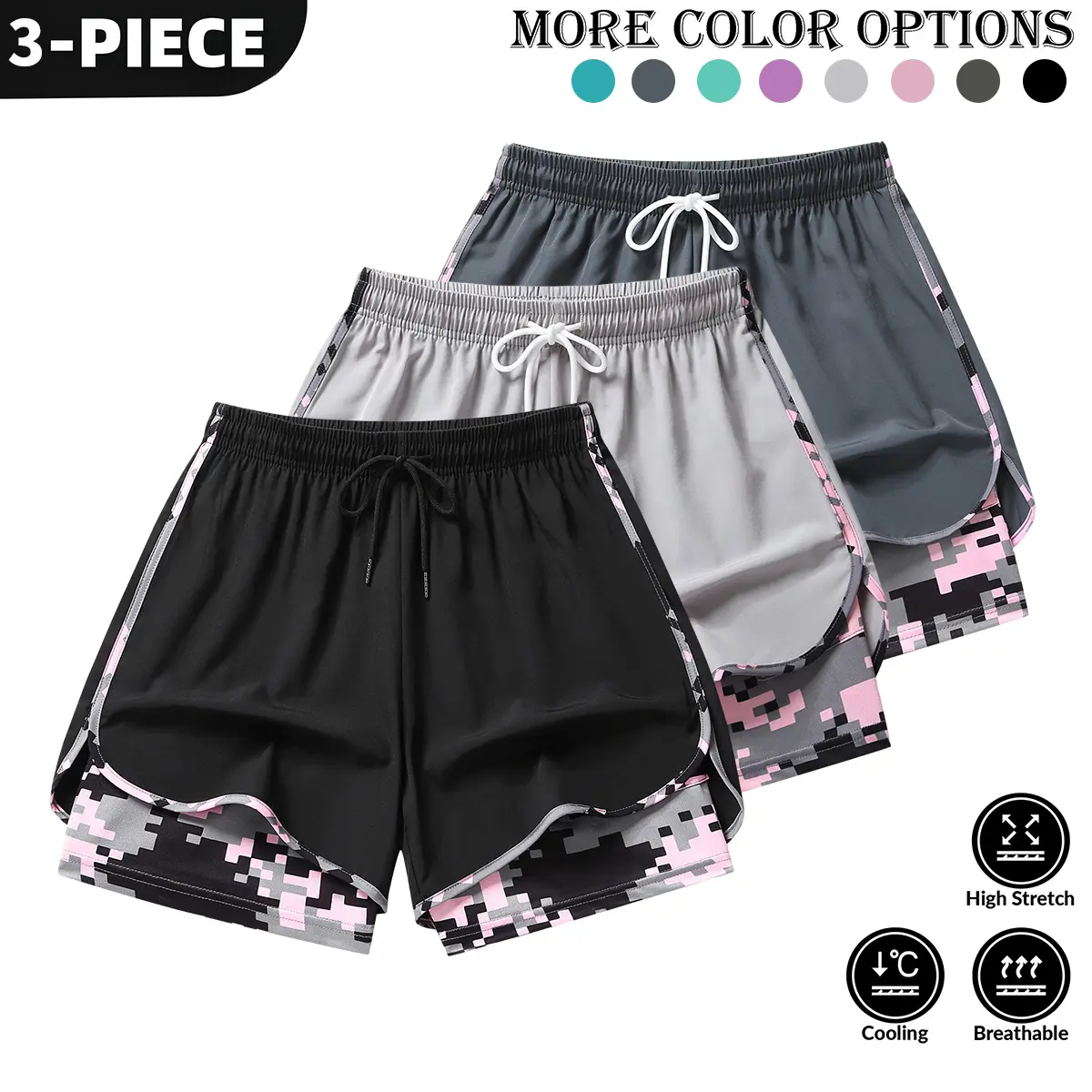 Women’s summer casual athletic shorts featuring a two-piece layered design with camouflage print, suitable for running and everyday workouts Women’s summer casual athletic shorts featuring a two-piece layered design with camouflage print, suitable for running and everyday workouts