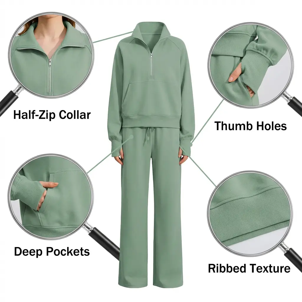 Women's 2 Piece Tracksuit Set - Half Zip Hoodie & Wide Leg Pants