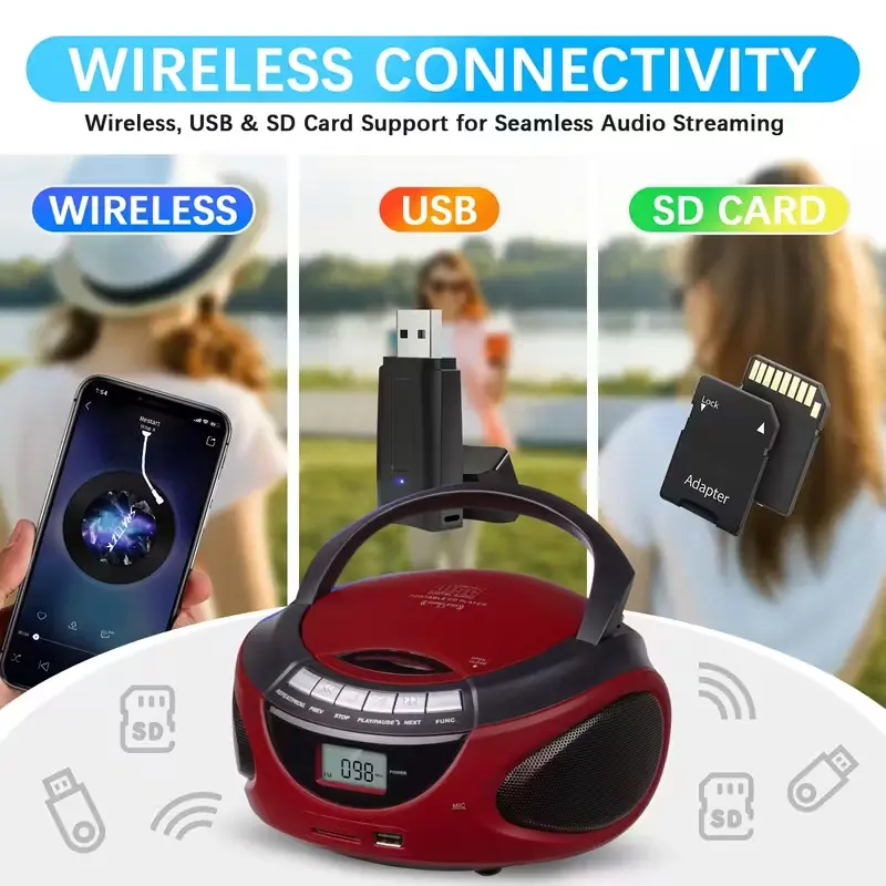 All-in-One M-Amazup Music Player: Plays CDs, streams via Bluetooth, tunes to AM/FM radio, supports USB/TF and AUX, features dual stereo sound, AC/battery power, and a portable handle for any room or outdoor adventure,gift for Father's Day