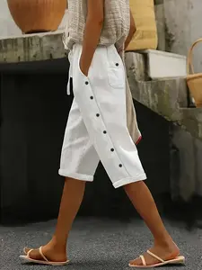 Plus Size - Women'S Casual Button Pants with Pockets - Straight-Leg Polyester Blend, Solid Color Elastic Waist, Comfortable All-Season Wear, Elegant Design for Everyday Outfits, Cute Pants, Plus Size