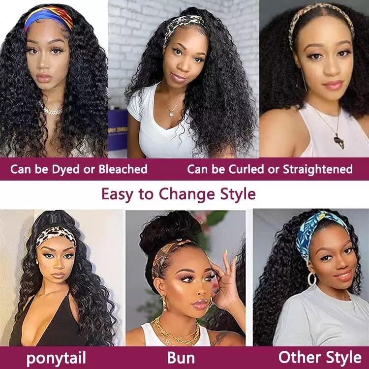 Kinky Curly Headband Wig Human Hair Curly Wigs Real Human Hair Glueless Ready and Go Beginner Friendly 180% Density Elastic Drawstring Headband Wigs for Women