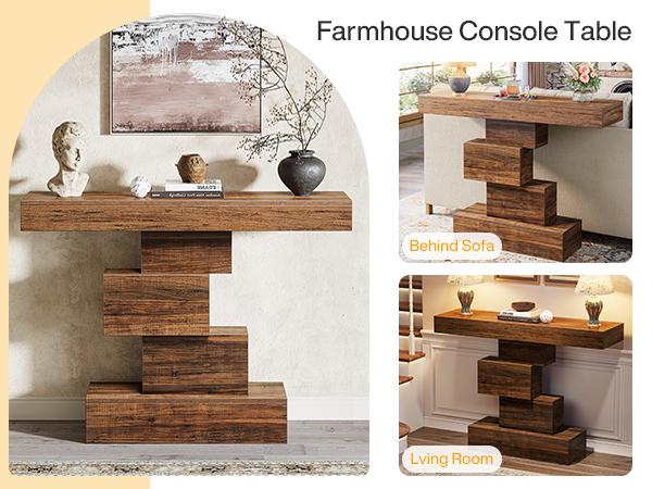 Tribesigns Farmhouse Console Table, 42.5-Inch Narrow Wood Sofa Table Behind Couch with Geometric Base, Industrial Entryway Accent Table for Living Room, Hallway, Entrance, Rustic Brown