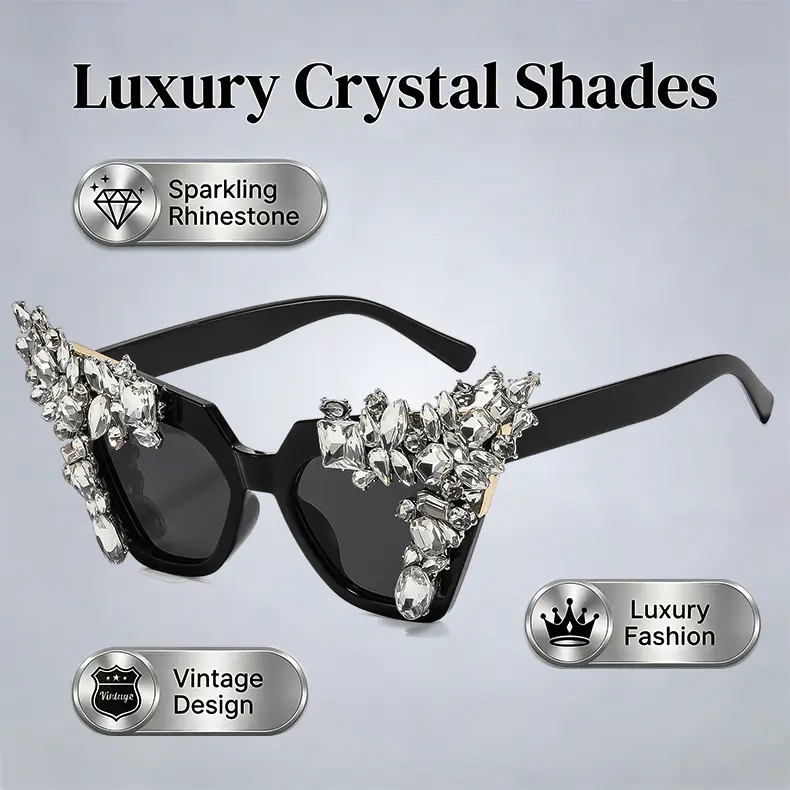 Luxury Crystal Diamond Sunglasses for Women Cat Eye Frame Vintage Sun Glasses Bling Sparkly Shades for Party Festival Wedding UV400 Protection