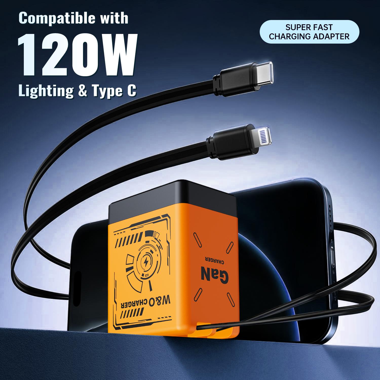 GaN Charger Compatible with 120W Fast Charger with Retractable Type-c and Lighting Cable,Protable Adaptor for iPhone 16, iPad, MacBook, Multi-Device Fast Charging, Folding Charging Cellphone Electronic