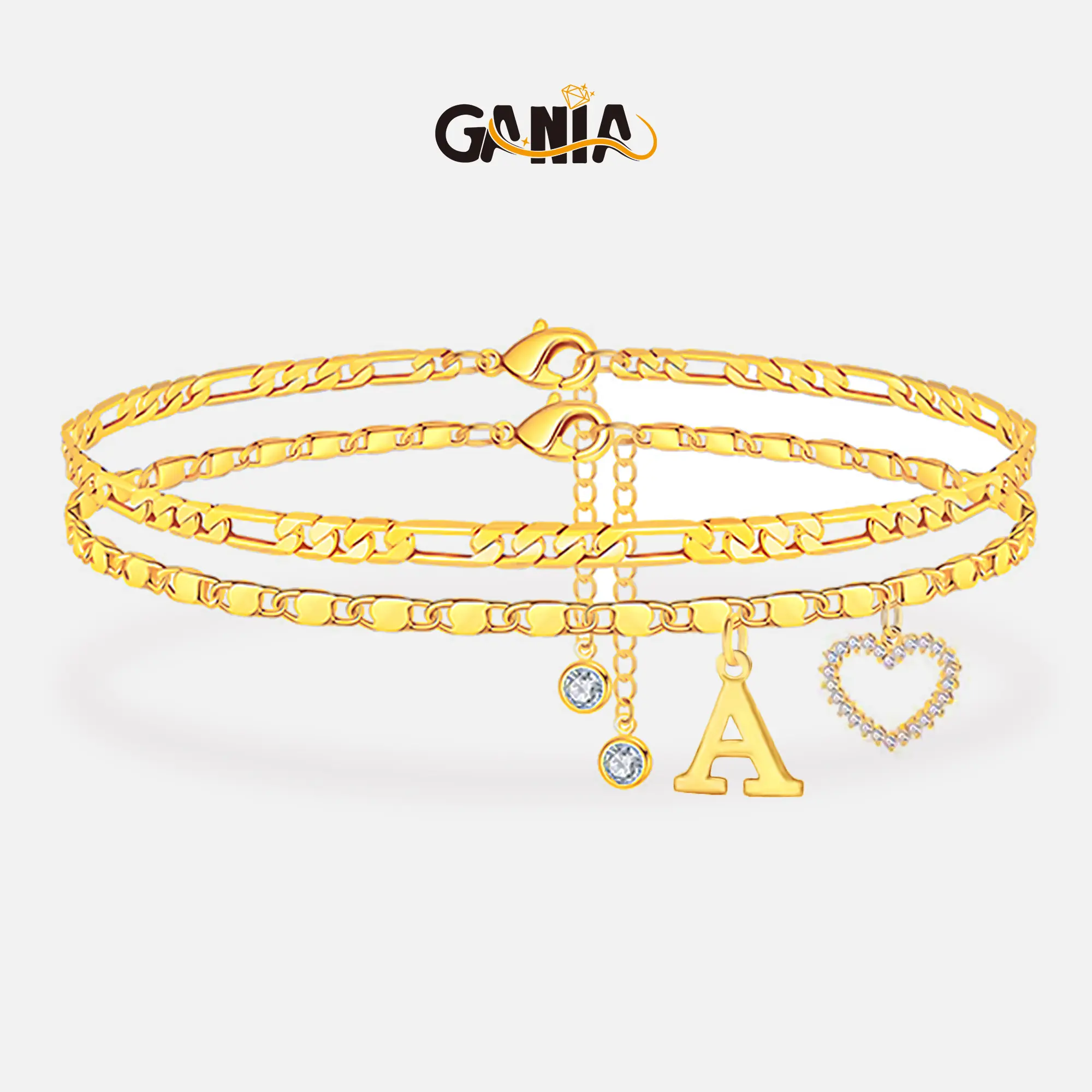 GANIA Double-Layer 26-Letter Gold-Tone Chain Heart-Shaped Anklet with a heart-shaped pendant; featuring an adjustable design, it is perfect for women. It’s a summer must-have and an ideal Valentine’s Day gift.