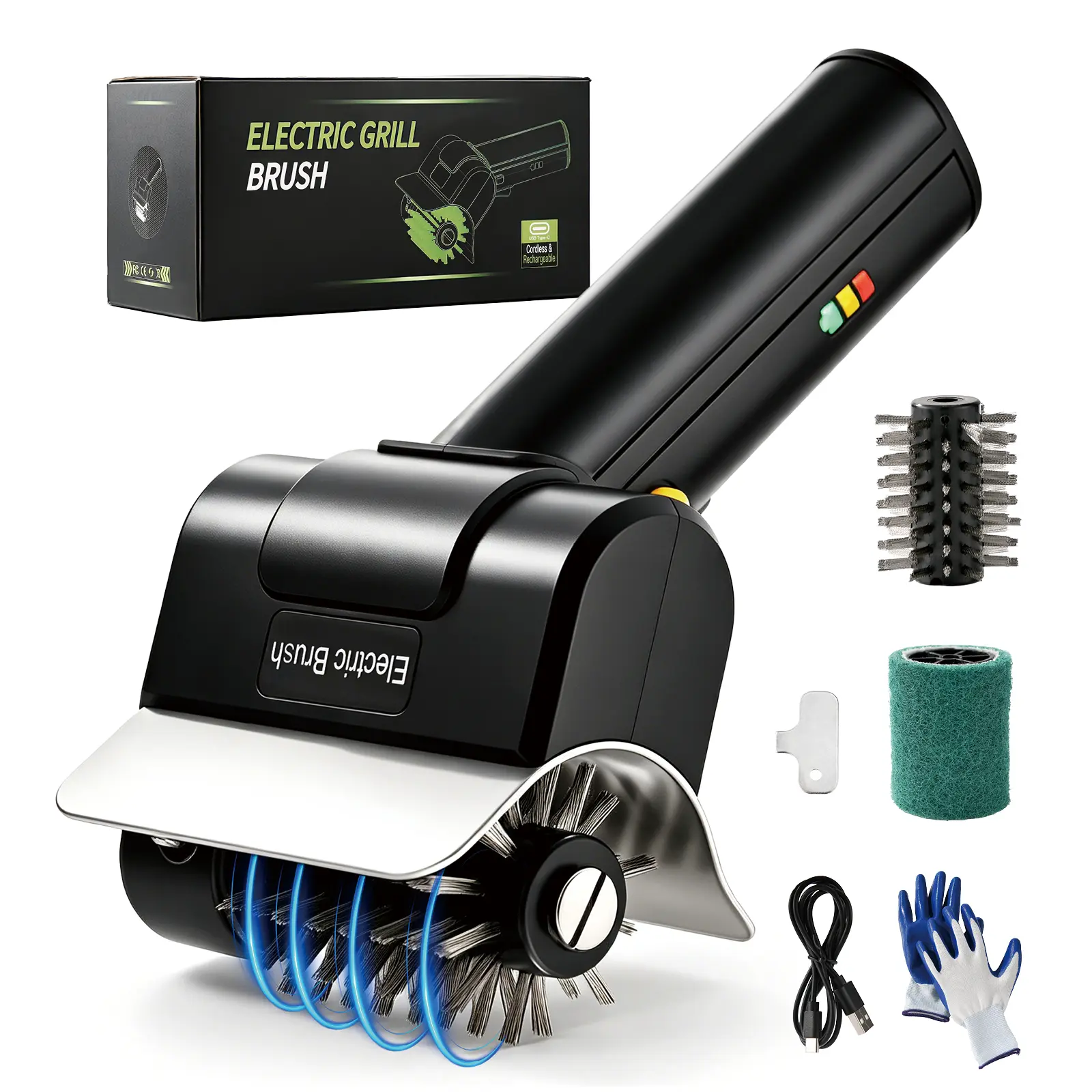 Electric Grill Brush – Cordless Rechargeable BBQ Cleaner for Outdoor Grill, 2 Brush Heads, Bristle Free