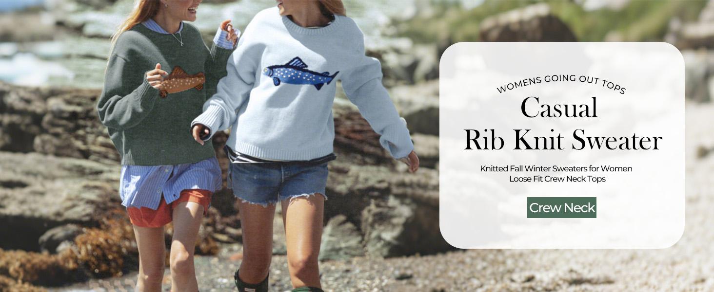 CHARTOU Women Fashion Crew Neck Rib Knit Crucian Carp Graphic Oversized Y2k Pullover Sweater Jumper CHARTOU Women Fashion Crew Neck Rib Knit Crucian Carp Graphic Oversized Y2k Pullover Sweater Jumper