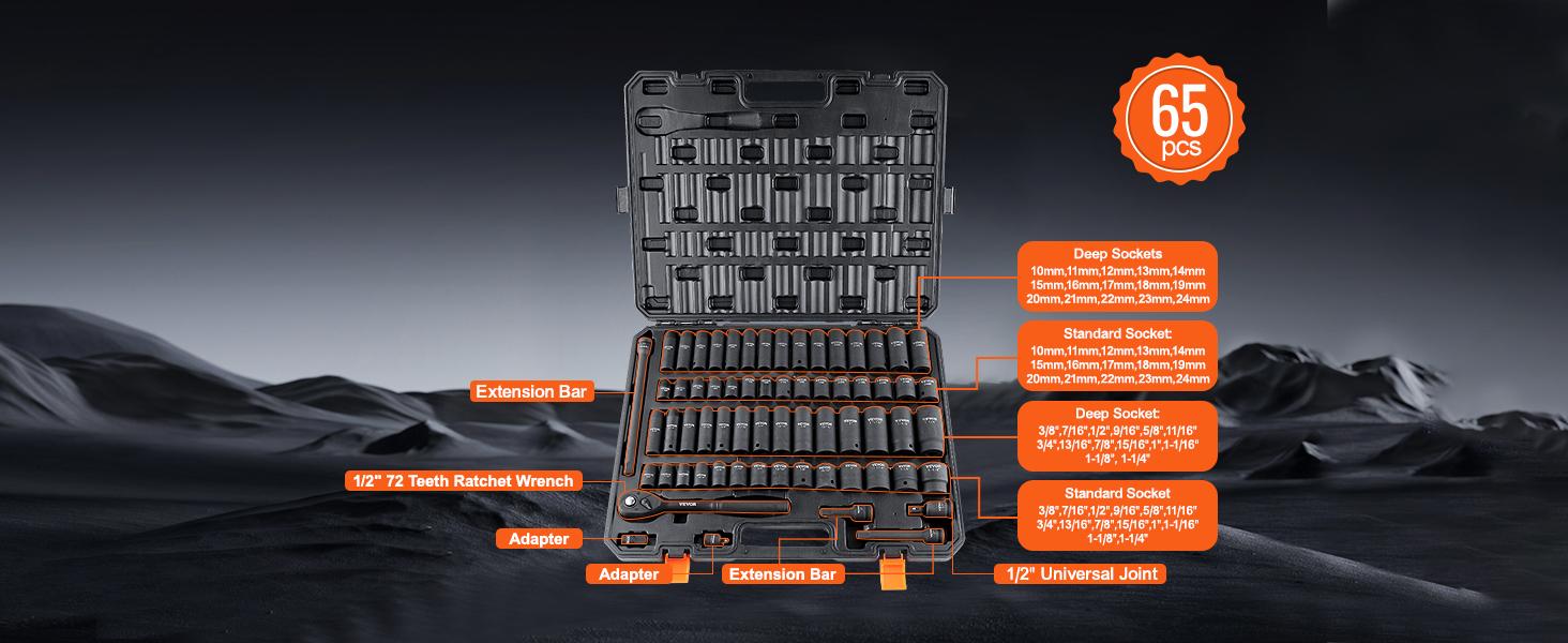VEVOR Drive Impact Socket Set, Various specifications, Cr-V Alloy Steel for Auto Repair, Rugged Construction, Easy-to-Read Size Markings, Storage Case