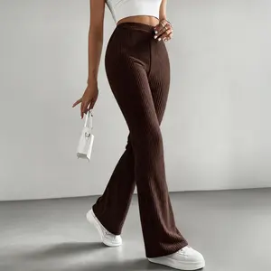 Women's Elegant Trousers High Waist Flare Pants Stripes Soft Ribbed Knit Bell Bottom Trousers