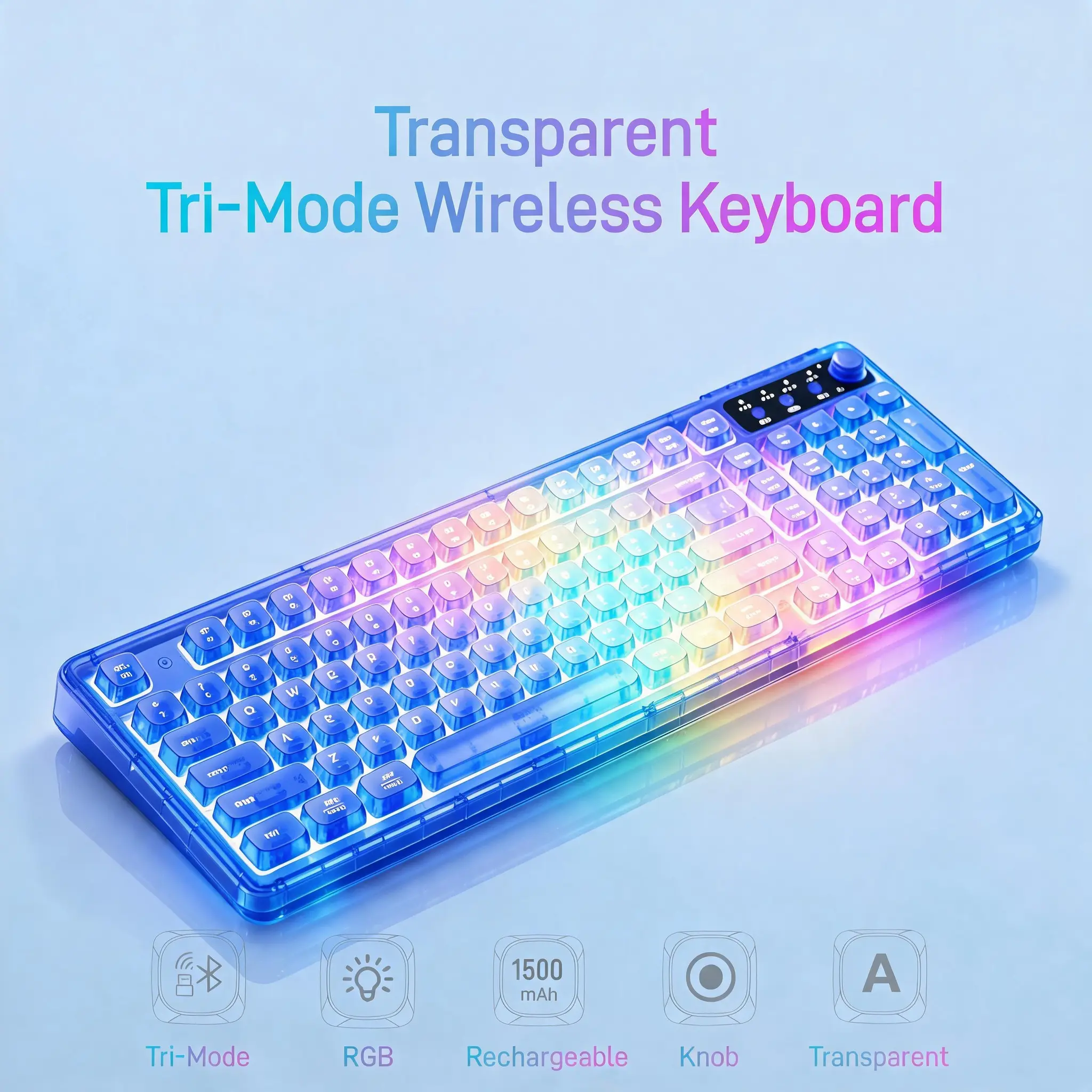 F99 Crystal Blue RGB Wireless Keyboard, 99-Key Tri-Mode Bluetooth 5.0/2.4G/USB-C Keyboard with Media Knob, Number Pad, Rechargeable, PC/Mac Compatible for Gaming, Study & Desk Setup