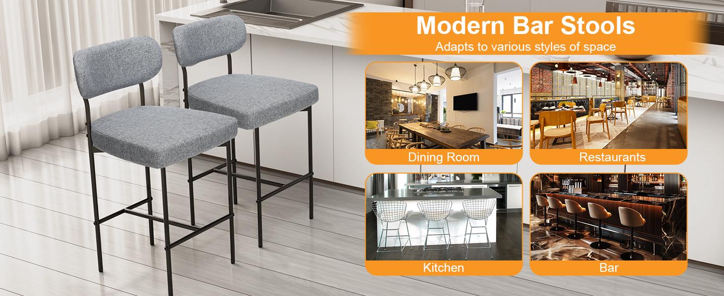HOMMPA 24'' Bar Stools Set of 2 Fabric Counter Height Barstools Set Upholstered Modern Bar Stools Chairs with Back Metal Legs for Kitchen Island Counter Grey