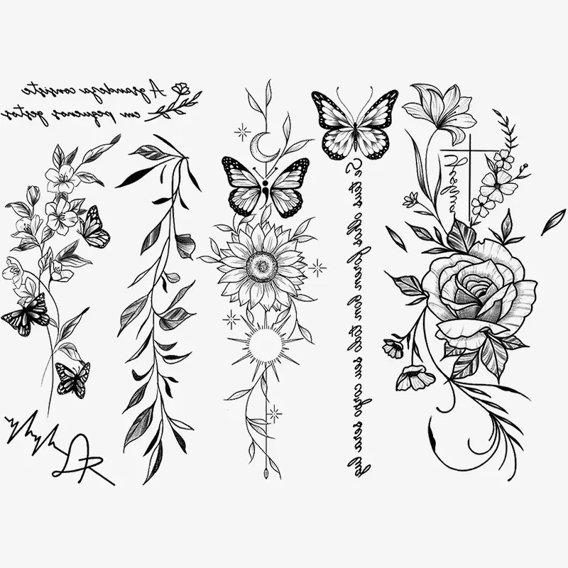 3 Pcs Floral Temporary Tattoo Stickers, Waterproof Realistic Flower and Butterfly Designs, Suitable for Women Body Art Fake Tattoos Decorations, Ephemeral Tattoos