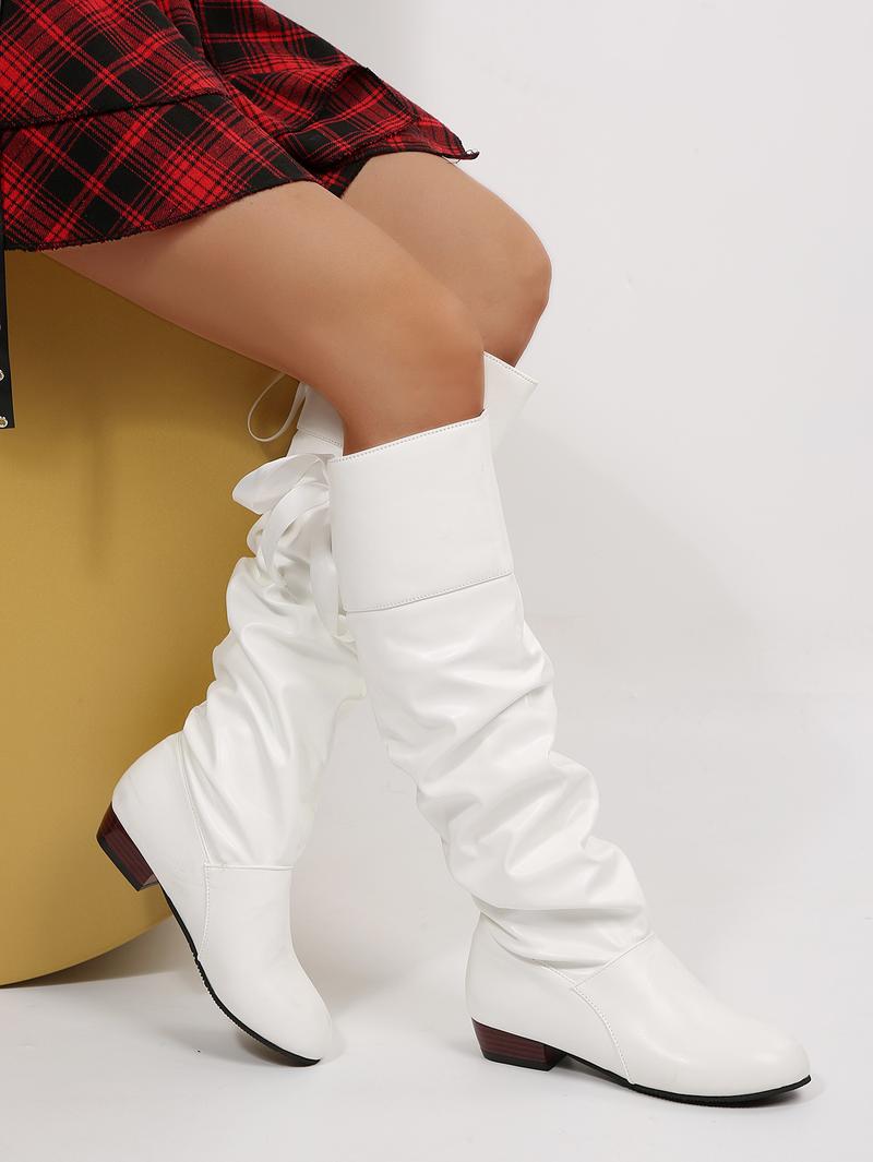 Women's Black Knee High Boots, Pleated Back Lace Slip On Chunky Heel Winter Shoe, Womensfashion Glossy Long Boots for Women, Perfect Valentine's Day Gift