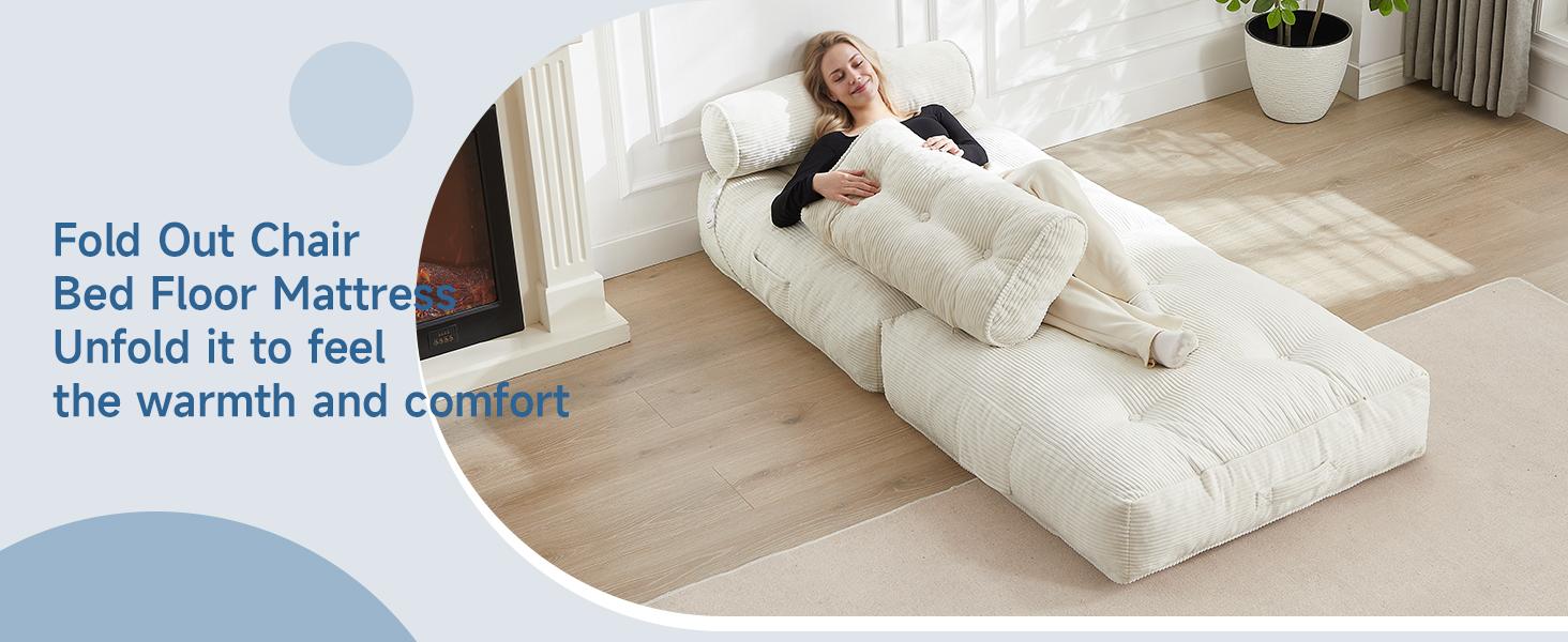 【SPOTLIGHT DAY】ONBRILL Folding Sofa Bed with Pillow, Convertible Sleeper Chair with Back Support, Corduroy Portable Fold Out Chair Bed, Comfy Floor Sofa Lounge for Living Room, Single