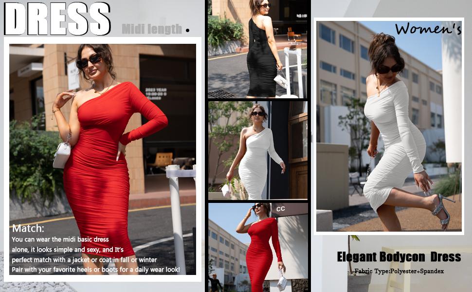 OYS Women's Elegant Bodycon One Shoulder Long Sleeve Ruched Midi Cocktail Party Dress