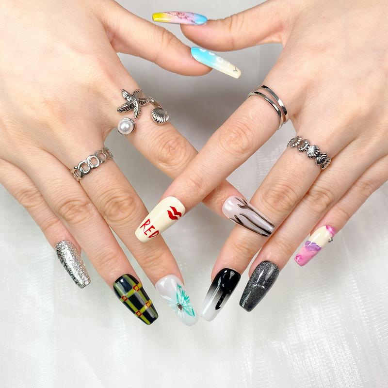 Reusable Press-On Nails Glossy Gel Finish Short Coffin Almond Easy Apply Remove Strong Hold Nail Kit for DIY Home Manicure with Nail File Glue and Storage Box