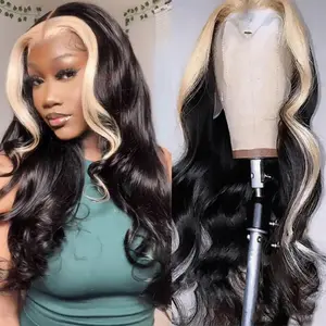 1B 613 Skunk Stripe Highlight Blonde Body Wave Lace Fronte Wig 13x4 Ombre Colored Human Hair Wigs For Women