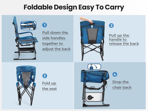 PHI VILLA 27” High Back Adjustable Camping Chair, 2-Position Reclining Folding Director Chair Supports 300lbs, Heavy Duty Outdoor Lawn Chair with Side Shelf