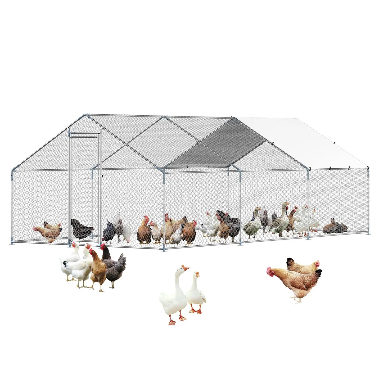 【FathersDayGift】VEVOR Metal Chicken Coop,  , 9.8x19.6x6.5 ft Large Walk-in Chicken Runs with Cover, Spire Roof Hen House Enclosure with Security Lock, Outdoor Duck Rabbit Cage Poultry Pen for Backyard, Farm, Yard