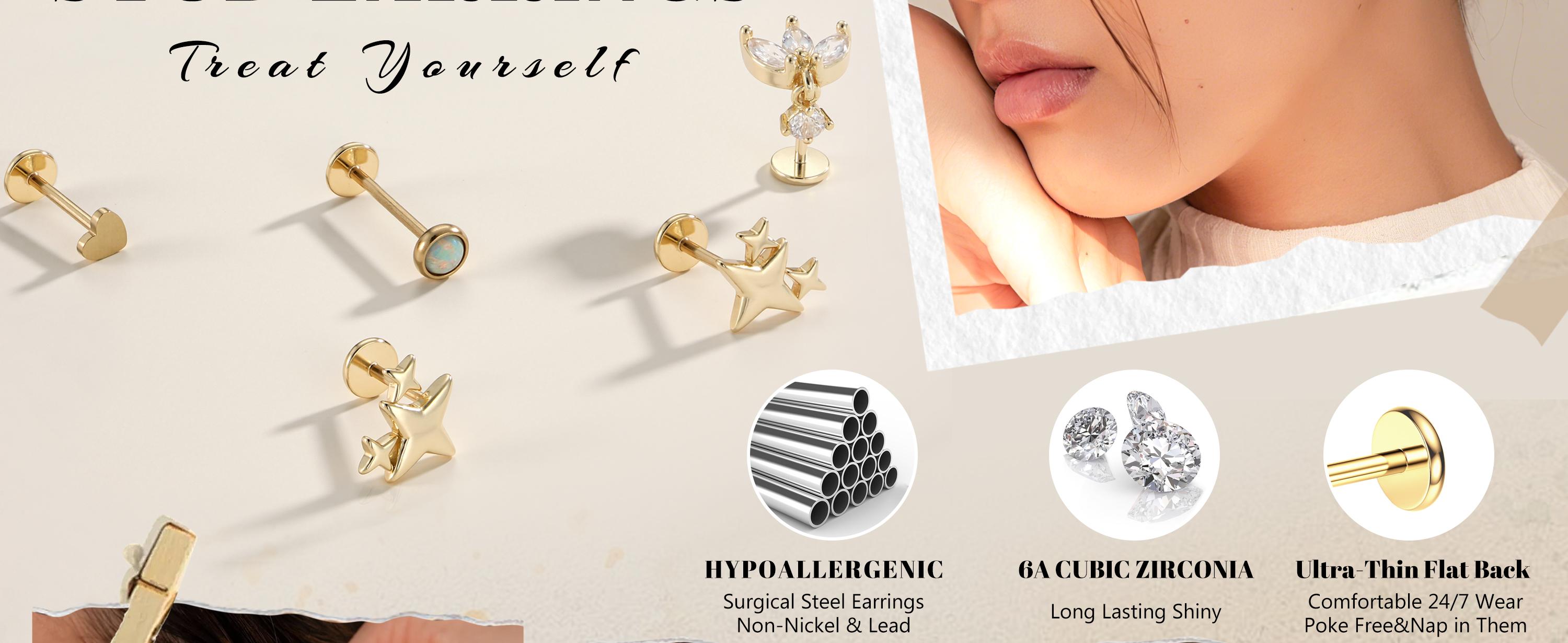 ORAZIO 316L Surgical Steel Stud Earrings Hypoallergenic Threadless Push Cartilage Helix Tragus Nose Lip Labret Medusa Conch Piercing Jewelry 18G/20G