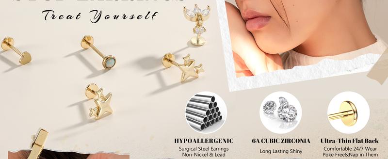 ORAZIO 316L Surgical Steel Stud Earrings Hypoallergenic Threadless Push Cartilage Helix Tragus Nose Lip Labret Medusa Conch Piercing Jewelry 18G/20G