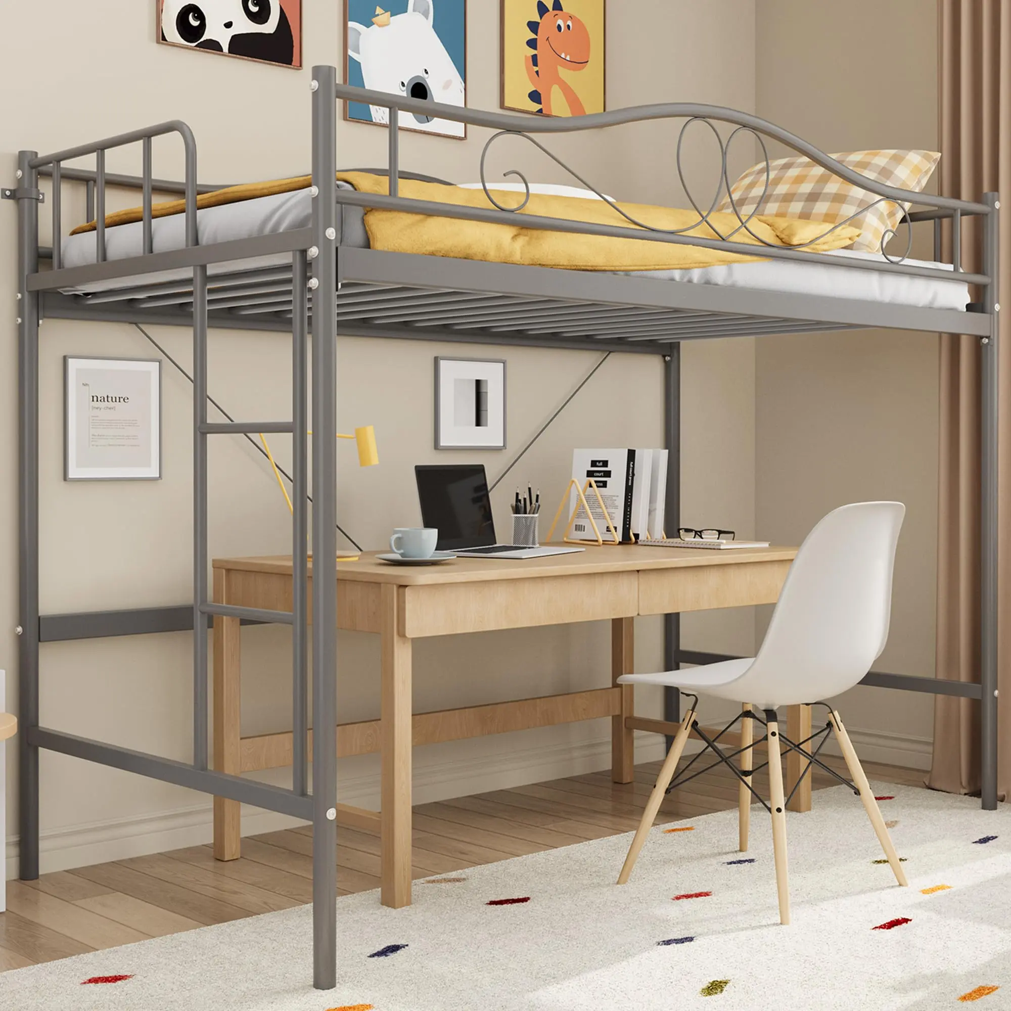 GARVEE Grey Twin Loft Bed - Adjustable Ladder, Full Safety Rail, Heavy-Duty Iron Frame, 400 lbs Capacity, Space Saver Design, Easy Setup, No Box Spring Needed, Noise-Free Indoor Furniture Set,sohochic