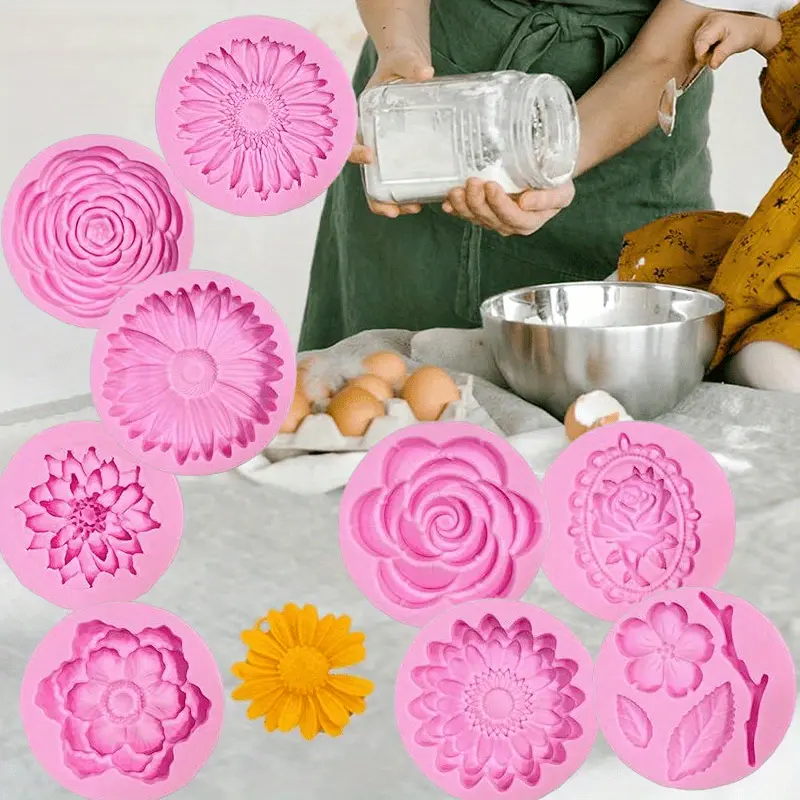 9 Pack Flowers Fondant Molds Silicone Molds for Cupcake Dessert Chocolate Jelly Cookie Decor, Jewelry, Pastry, Chocolate, Handmade Soap Mould Candy Making