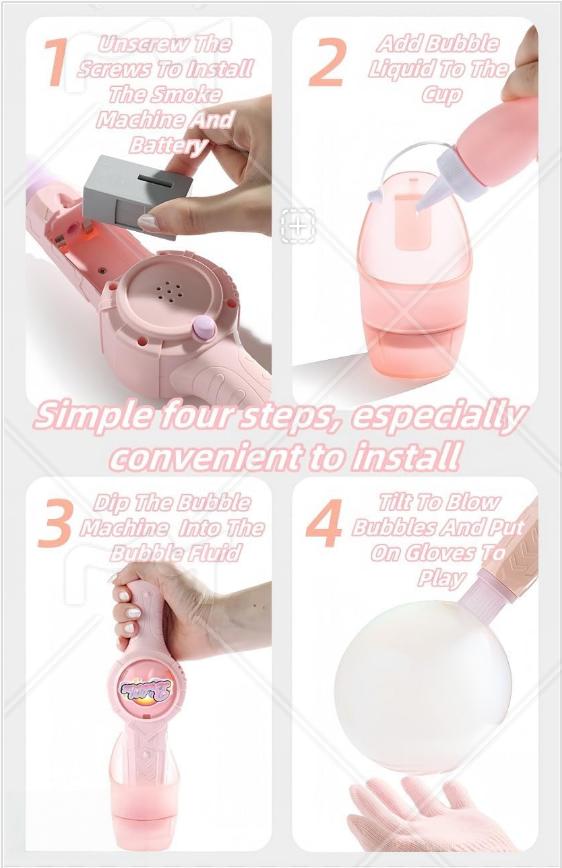 Elastic Smoke Bubble Machine for Kids - Rechargeable Magic Bubble Wand with Lights & Sound, Includes Gloves & Spill-Proof Cup, Safe Bubble Solution, Green & Pink