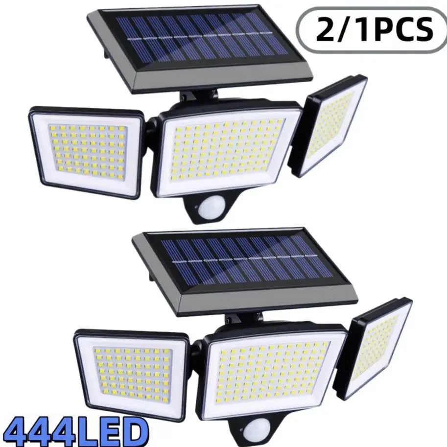 Solar Illuminated Outdoor LED Security Floodlights - 1/2-Pack 3-Head 270° Angle IP65 Water Resistant Lights with 444/222 LEDs, Motion Sensor, 3 Adjustable Modes for Courtyards, Pools, Outdoors Safe Use