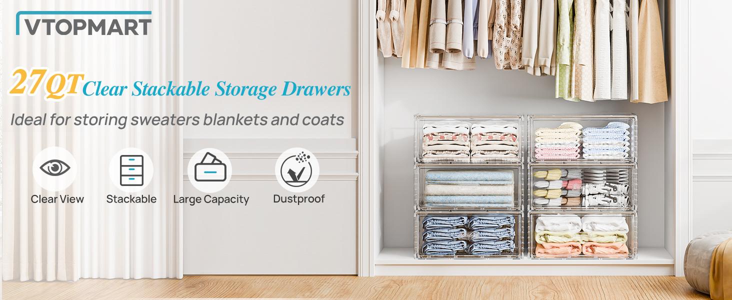 [Live only] Vtopmart 2/5/6 Pack UnderBed Large Clear Stackable Storage Drawers 18-27QT, Easily Assemble Closet Storage Bins, Dust-Proof for storing shoes, clothes, bedding, and off-season essentials