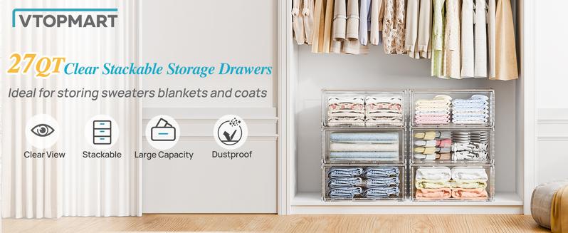 【New Arrival】Vtopmart 2-5 Pack UnderBed Large Clear Stackable Storage Drawers 18-27QT, Easily Assemble Closet Storage Bins, Dust-Proof for storing shoes, clothes, bedding, and off-season essentials
