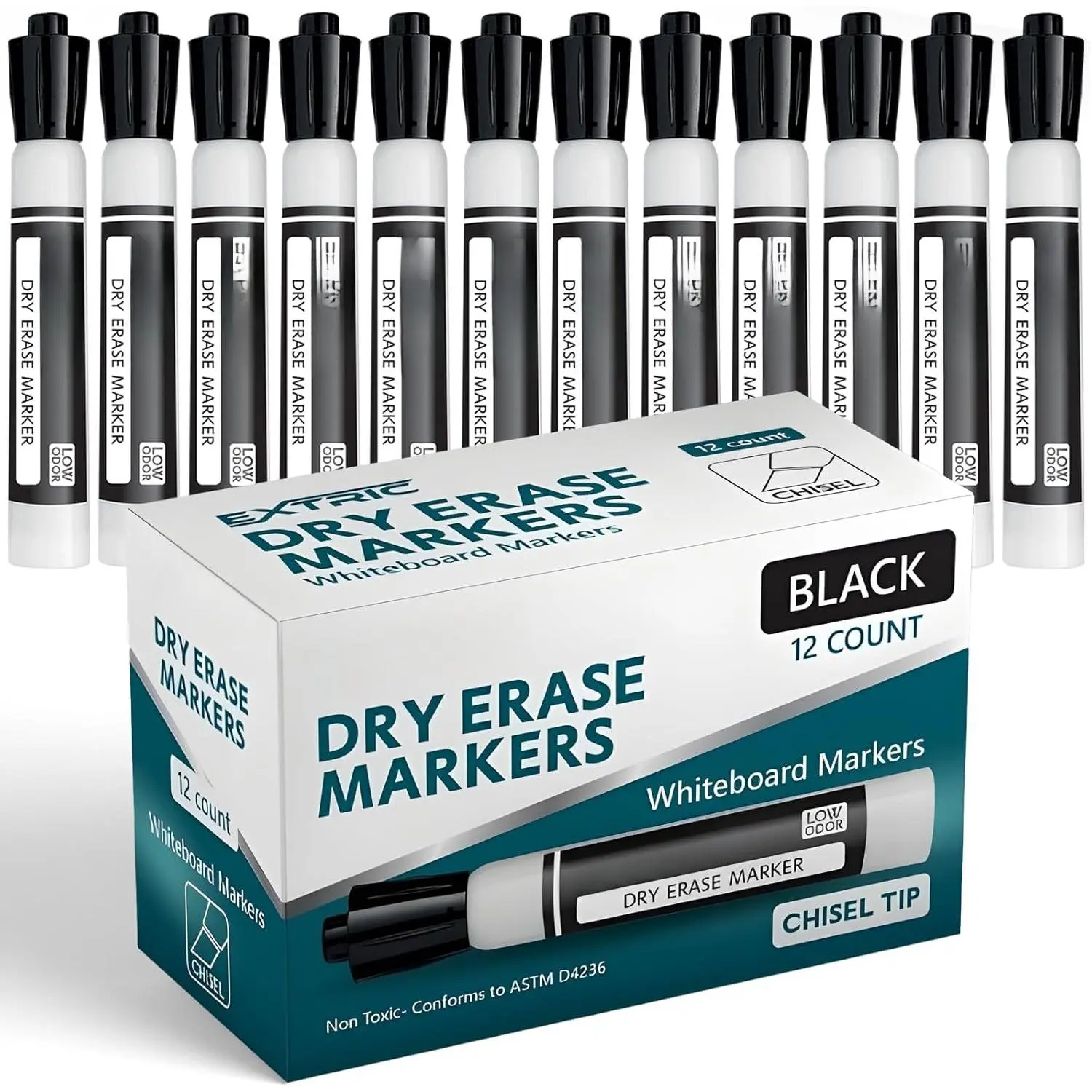 Black Dry Erase Markers, 12 Count Whiteboard Markers Chisel Tip, White Board Marker Dry Erase, Low Odor Chisel Tip Erasable Markers